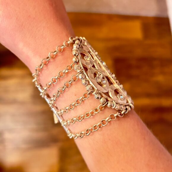 Victorian Silver Multi Chain Crystal Rhinestone Bangle - Picture 6 of 9